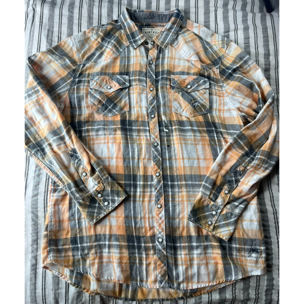 BKE Vintage 1967 Shirt Mens XL Pearl Snaps Long Sleeve Plaid Western